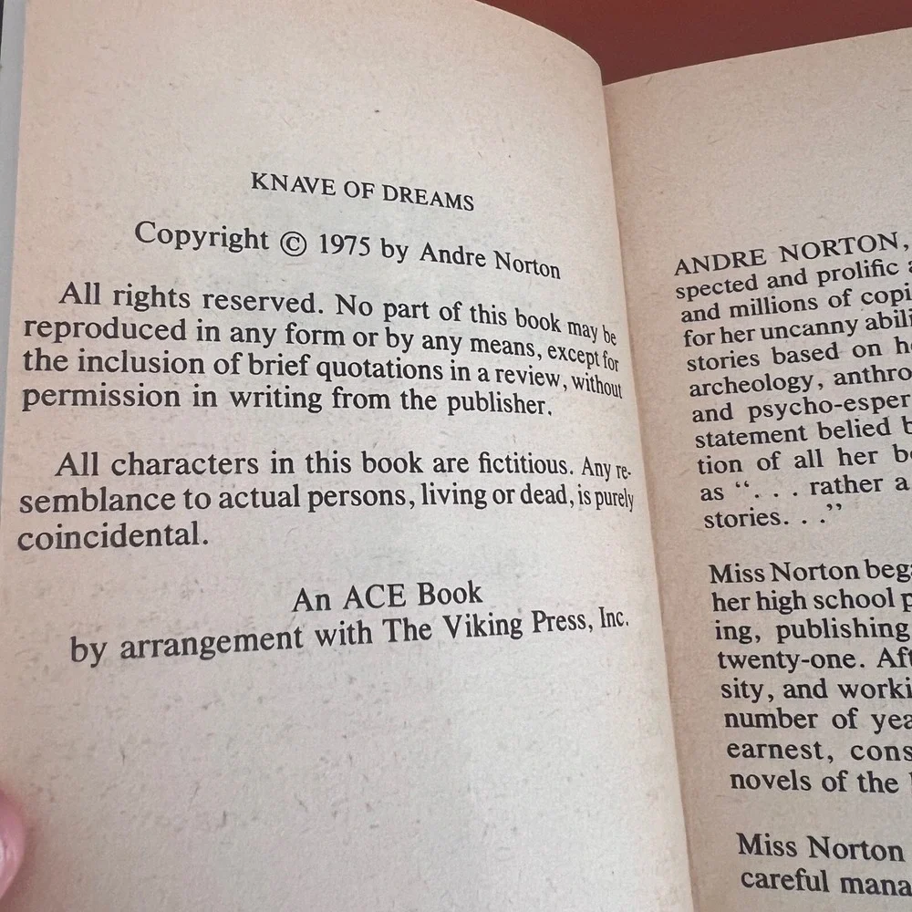 Andre Norton Knave of Dreams 1975 First Paperback Ace Books 45000 Sci-Fi Novel